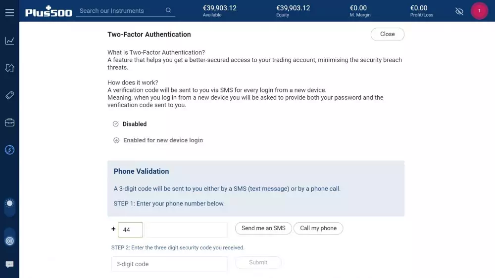 Enabling two-factor authentication on Plus500